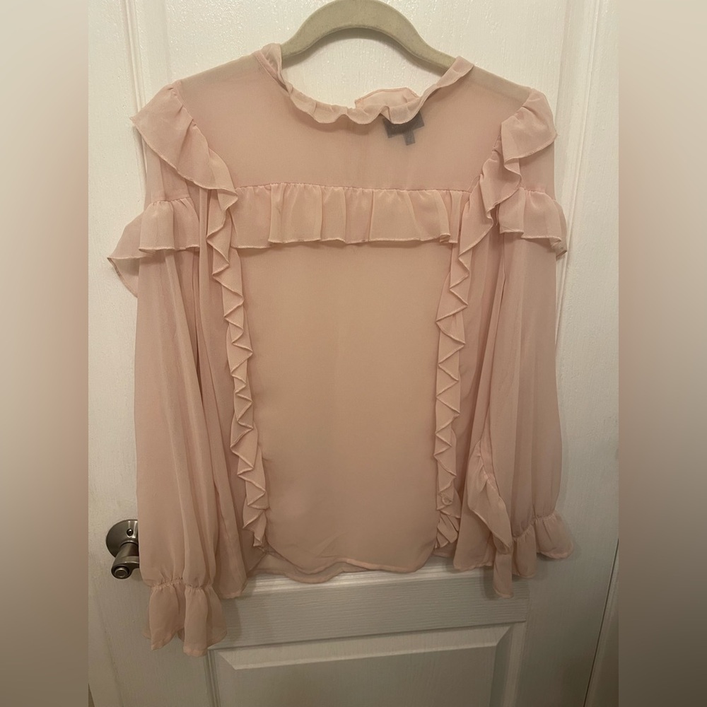 Who What Wear Ruffled sheer feminine aesthetic Blouse in Soft Pink sz L
